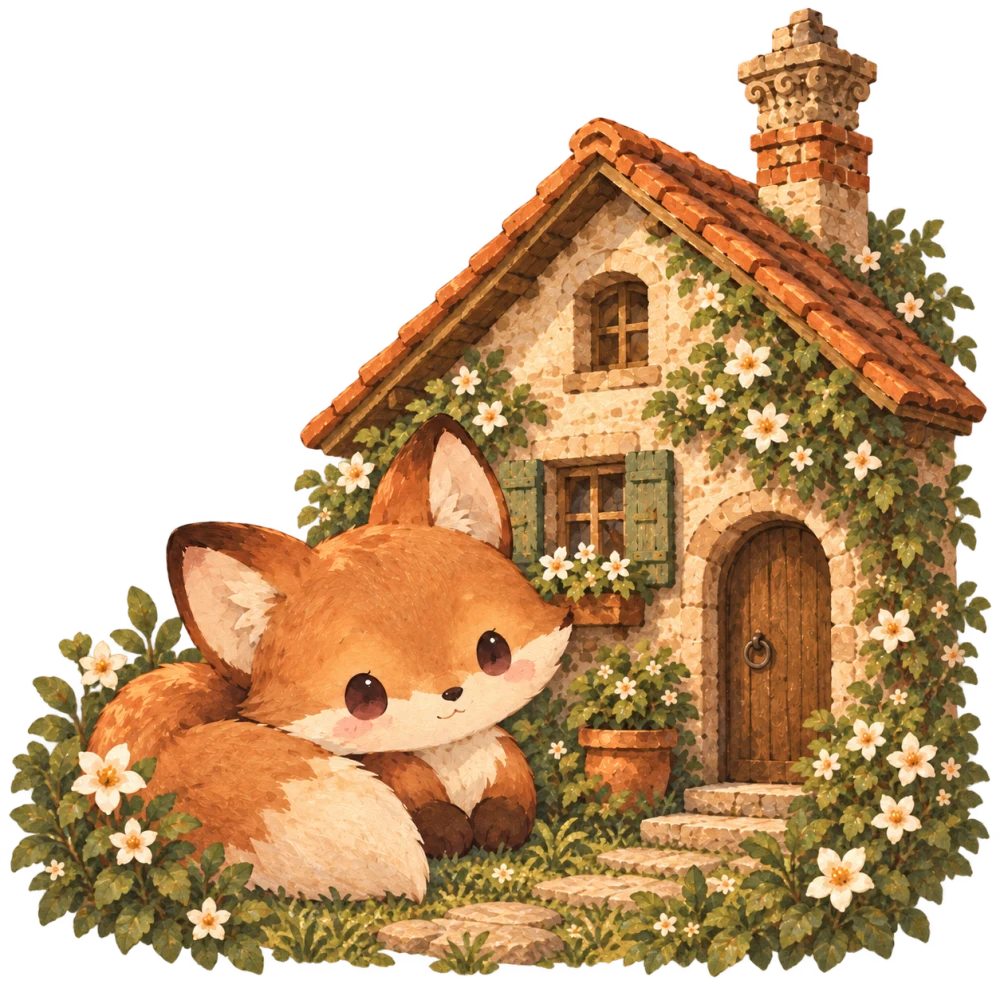 A little orange fox resting among flowers beside a stone cottage